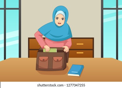 A vector illustration of Muslim Girl Putting Book Inside a Bag 