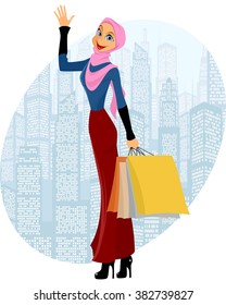 Vector illustration of a muslim girl shopping