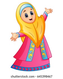 Vector illustration of Muslim girl wearing yellow veil and pink dress presenting