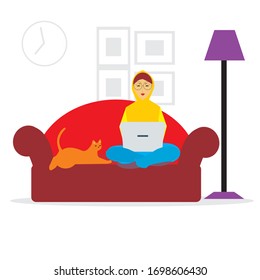 Vector illustration of a muslim hijabi young lady working from home, accompanied by her pet cat.