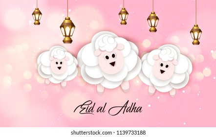 vector illustration. Muslim holiday Eid al-Adha. the sacrifice a ram or white and black sheep. graphic design decoration kurban bayrami. month lamb and a lamp.Translation from Arabic: Eid al-Adha