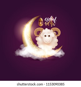 vector illustration. Muslim holiday Eid al-Adha. the sacrifice a ram or white and black sheep. graphic design decoration kurban bayrami. month lamb and a lamp.Translation from Arabic: Eid al-Adha