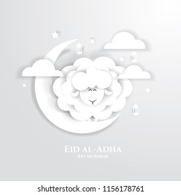 vector illustration. Muslim holiday Eid al-Adha. the sacrifice a ram or white and black sheep. graphic design decoration kurban bayrami. month lamb and a lamp.Translation from Arabic: Eid al-Adha