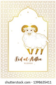 Vector illustration for muslim holiday Eid al-Adha. Gold cards with arabic decoration,sheep, golden outline frame, calligraphy for happy sacrifice celebration. Eastern style. Islamic illustration.