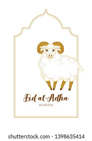 Vector illustration for muslim holiday Eid al-Adha. Gold cards with arabic decoration,sheep, golden outline frame, calligraphy for happy sacrifice celebration. Eastern style. Islamic illustration.