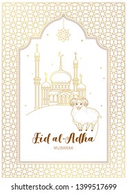 Vector illustration for muslim holiday Eid al-Adha. Gold cards with arabic decoration, sheep, mosque, golden geometric frame, calligraphy for happy sacrifice celebration. Decoration in Eastern style. 