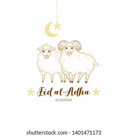Vector illustration for muslim holiday Eid al-Adha. Gold card with arabic decoration, sheeps, golden geometric frame, crescent, stars, calligraphy for sacrifice celebration. Islamic, Eastern style.