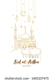 Vector illustration for muslim holiday Eid al-Adha. Gold card with arabic decoration, sheep, golden mosque, calligraphy for happy sacrifice celebration. Decoration in Islamic, Eastern style.