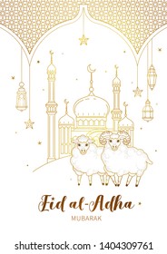 Vector illustration for muslim holiday Eid al-Adha. Gold card with arabic decoration, sheep, mosque, golden geometric arch, calligraphy for happy sacrifice celebration. Decoration in Eastern style.