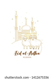 Vector illustration for muslim holiday Eid al-Adha. Gold card with arabic decoration, sheep, golden mosque, calligraphy for happy sacrifice celebration. Decoration in Islamic, Eastern style.