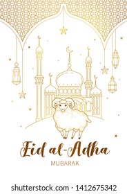 Vector illustration for muslim holiday Eid al-Adha. Gold card with arabic decoration, sheep, mosque, golden geometric arch, calligraphy for happy sacrifice celebration. Decoration in Eastern style.