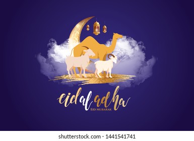 vector illustration. Muslim holiday Eid al-Adha. the sacrifice a ram or white and black sheep. graphic design decoration kurban bayrami. month lamb and a lamp.Translation from Arabic: Eid al-Adha