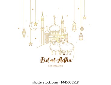 Vector illustration for muslim holiday Eid al-Adha. Gold card with arabic geometry, sheeps, golden mosque, calligraphy for happy sacrifice celebration. Islamic decoration in Eastern style.