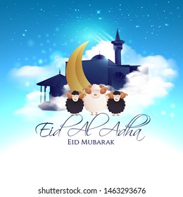 vector illustration. Muslim holiday Eid al-Adha. the sacrifice a ram or white and black sheep. graphic design decoration kurban bayrami. month lamb and a lamp.Translation from Arabic: Eid al-Adha