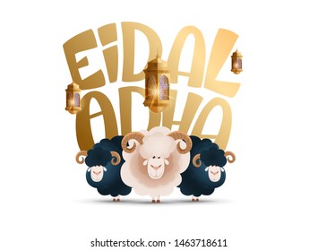 vector illustration. Muslim holiday Eid al-Adha. the sacrifice a ram or white and black sheep. graphic design decoration kurban bayrami. month lamb and a lamp.Translation from Arabic: Eid al-Adha