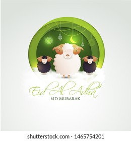 vector illustration. Muslim holiday Eid al-Adha. the sacrifice a ram or white and black sheep. graphic design decoration kurban bayrami. month lamb and a lamp.Translation from Arabic: Eid al-Adha