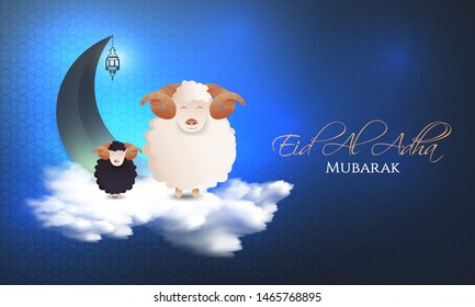 vector illustration. Muslim holiday Eid al-Adha. the sacrifice a ram or white and black sheep. graphic design decoration kurban bayrami. month lamb and a lamp.Translation from Arabic: Eid al-Adha
