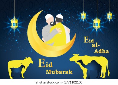 Ilustración vectorial. Fiesta musulmana Eid al-Adha. el sacrificio de un carnero o ovejas blancas y negras. decoración de diseño gráfico kurban bayrami. cordero mensual y lámpara.Traducción del árabe: Eid al-Adha