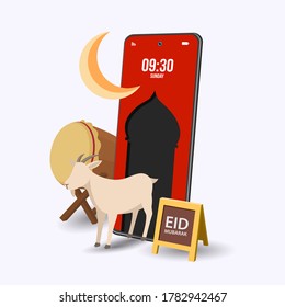 Vector illustration. Muslim holiday Eid al-Adha. the sacrifice a ram or red and black Goat. graphic design decoration kurban bayrami. smartphone and moon