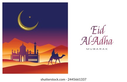vector illustration. Muslim holiday Eid al-Adha. Illustration of Camel, Mosque and the crescent. 