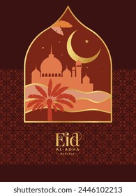 vector illustration. Muslim holiday Eid al-Adha. Illustration of Camel, Mosque and the crescent. 