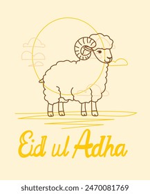 Vektorillustration. Der muslimische Feiertag Eid al-Adha. Das Opfer eines Widders oder eines schwarzen und weißen Schafes. Grafikdesign-Dekoration kurban bayrami. Monatslamm und eine Lampe.Übersetzung aus dem Arabischen: Eid al-Adha