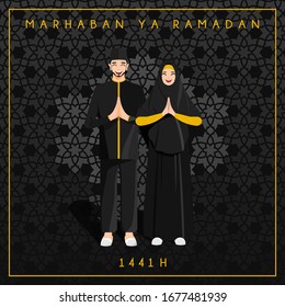 Vector illustration of muslim husband and wife greeting