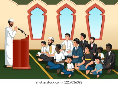 A Vector Illustration Of Muslim Imam Giving Speech In Mosque