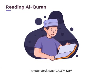 vector illustration muslim islam people reading al quran with islamic accessories hat in ramadan. muslim worship in home or mosque concept. can use for banner poster web site blog social media post ui