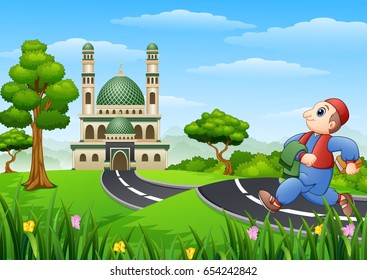 Vector illustration of  Muslim kid cartoon going to mosque