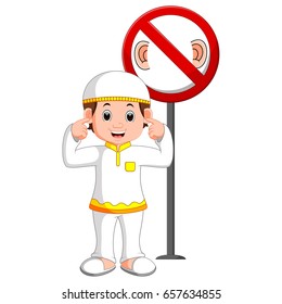 vector illustration of Muslim kid closed ear