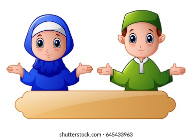 Vector Illustration Muslim Kid Couple Waving Stock Vector (Royalty Free ...