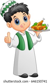 Vector illustration of Muslim kid holding a platter of chicken meat and giving thumb up