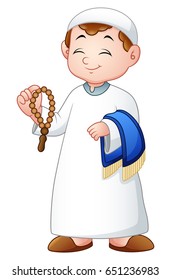 Vector illustration of Muslim kid holding praye beads and prayer rug 
