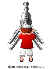 Vector illustration of Muslim kid looking sky with telescope to predict when ramadan begin