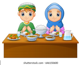 Vector illustration of Muslim kid pray together before break fasting