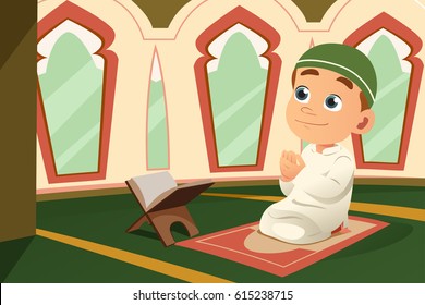 A vector illustration of Muslim Kid Praying in Mosque