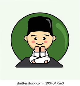 Vector illustration of muslim kid sitting on the prayer rug while praying. Flat cartoon style.