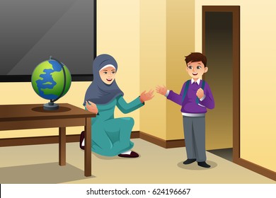 A vector illustration of Muslim Kid and Teacher in a Classroom