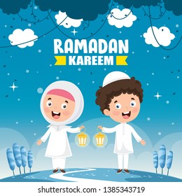 Vector Illustration Of Muslim Kids Celebrating Ramadan