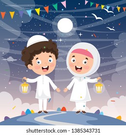 Vector Illustration Of Muslim Kids Celebrating Ramadan