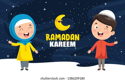 Vector Illustration Of Muslim Kids Celebrating Ramadan
