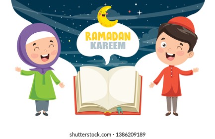 Vector Illustration Of Muslim Kids Celebrating Ramadan