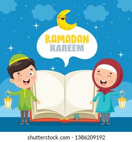 Vector Illustration Of Muslim Kids Celebrating Ramadan