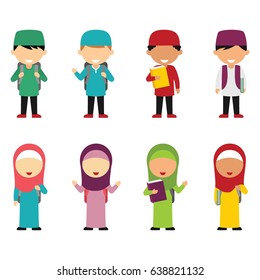 Vector Illustration of Muslim Kids Going to School.