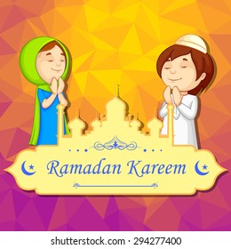 vector illustration of muslim kids offering namaaz for Ramadan Kareem (Happy Ramadan)