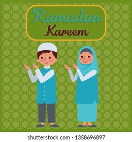 Vector illustration of Muslim kids praying in Ramadan Kareem, the celebration of Muslim community festival. Ramadan is greatest and holy month in muslim - Vector 