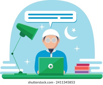 vector illustration of a Muslim with a laptop in front of him and modern Islamic decoration