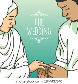 Vector illustration of Muslim lovers getting married, the groom puts a ring on the finger of the bride