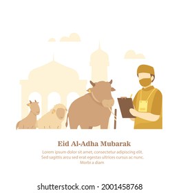 Vector illustration of a Muslim man and beside him there is a goat, cow, or sheep for sacrifice, He is preparing to celebrate Eid al-Adha. Eid al-Adha greeting vector, Muslim man vector illustration.
